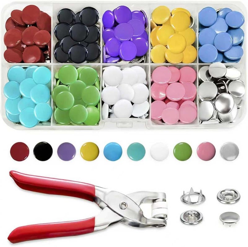 Forimaluence 300 Sets Metal Snap Buttons with Fastener Pliers Press Tool Kit, 10 Colors Solid Sewing Snaps for Fabric,Prong Snap Button Kits for DIY Crafting Clothing Sewing (9.5mm / 1200 PCS) - Image 1
